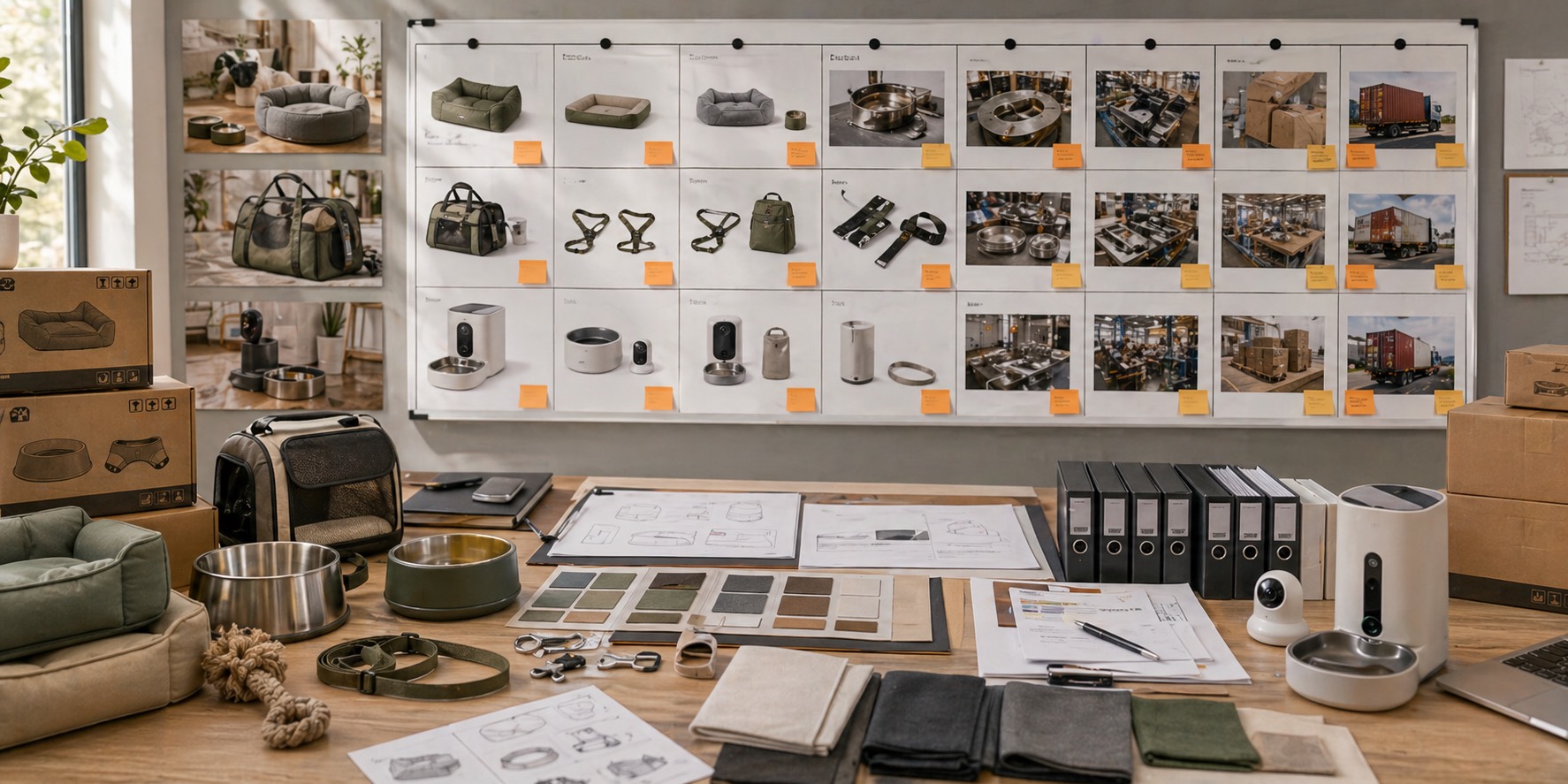 Private label pet product project room with assortment planning and rollout board