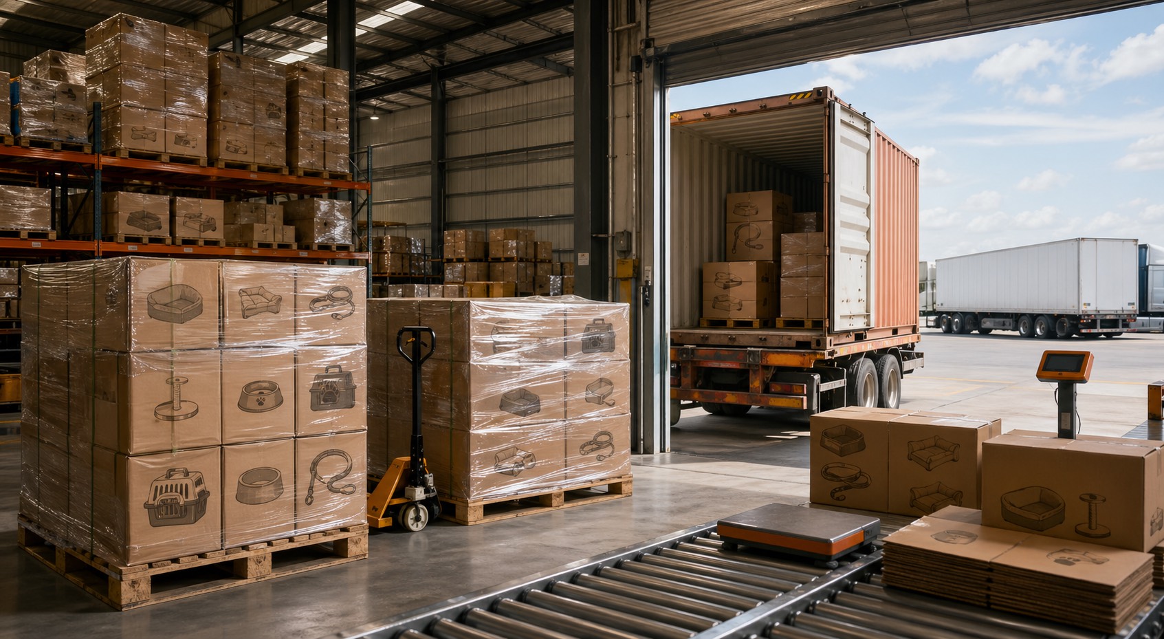 Pet product pallets staged for container loading and USA fulfillment delivery