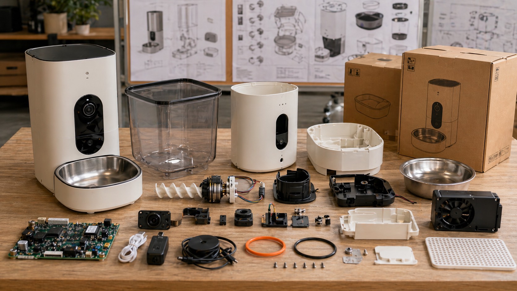 Exploded smart pet feeder components on engineering bench
